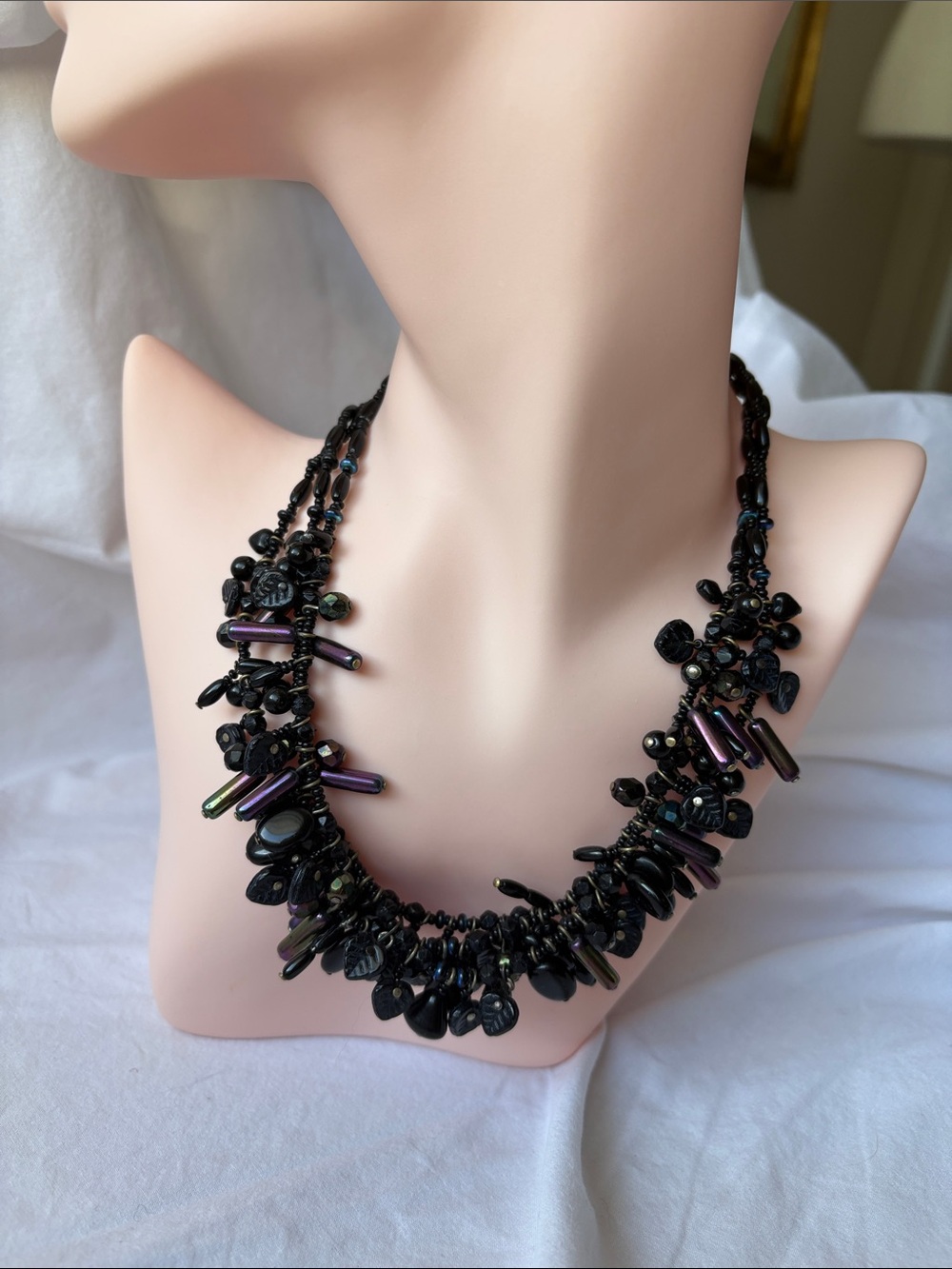 Black Beaded Multi-Strand Necklace with Iridescent Purple Accents